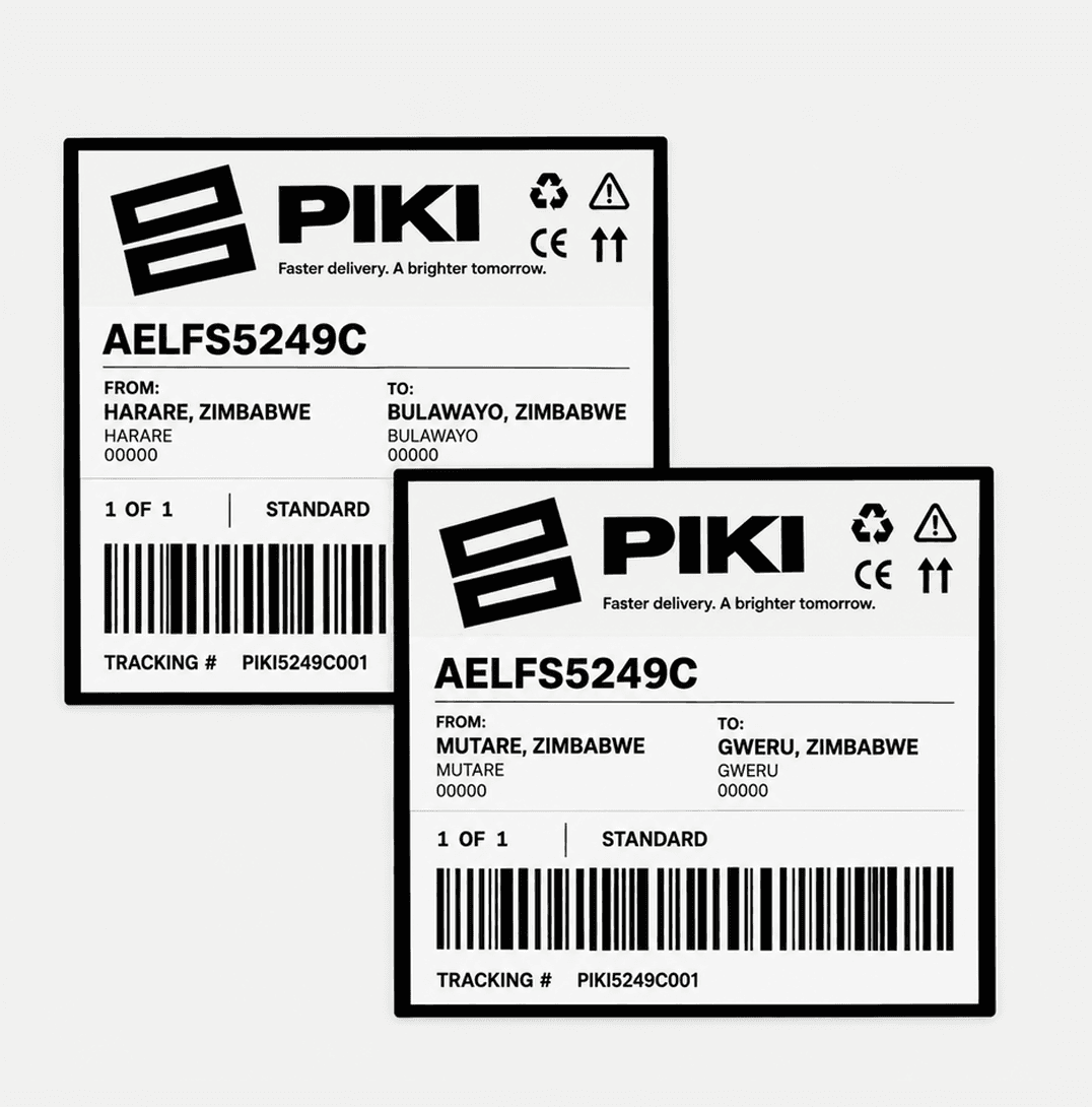 Two sample PIKI parcel labels, one from Harare to Bulawayo and one from Mutare to Gweru, each with a tracking number and scannable code.